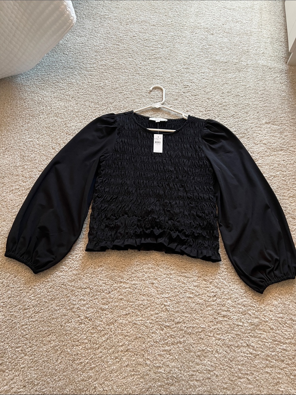 LOFT NWT Black Smocked Long-Sleeve Puff Top
